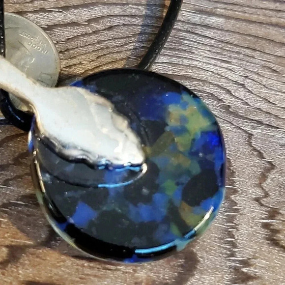 Dichroic Fused Art Glass Round Blue Black Pendant Black Leather Cord Necklace D - Picture 6 of 8